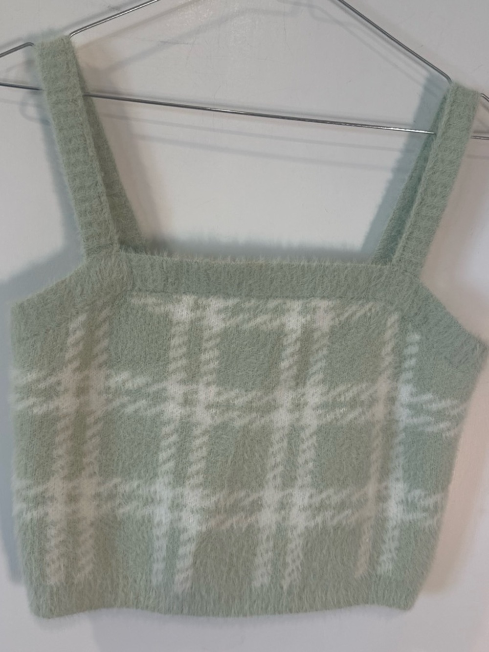 Kendall & Kylie Mint Green and White Fuzzy Plaid Tank Sweater